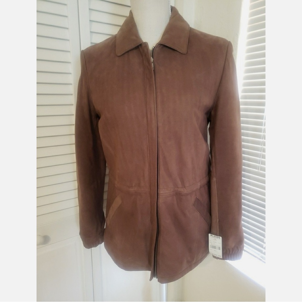 NWT Wilsons Brown Full Zip brushed Leather Jacket Drawstring Waist, sz Small